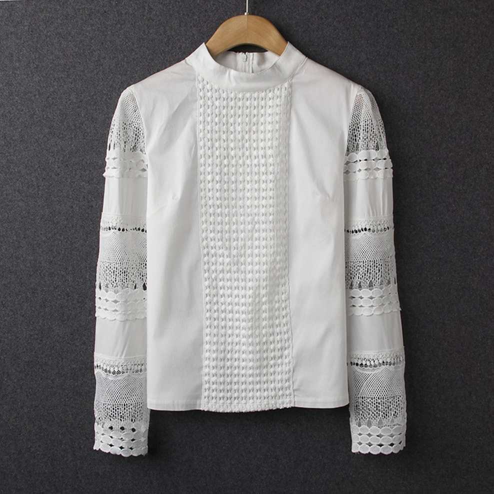 TKAN729 Custom Women's Slim Long-Sleeve Blouses with Lace Hook Flower Hollow White Shirt Decorated Sequins Embroidery Feathers