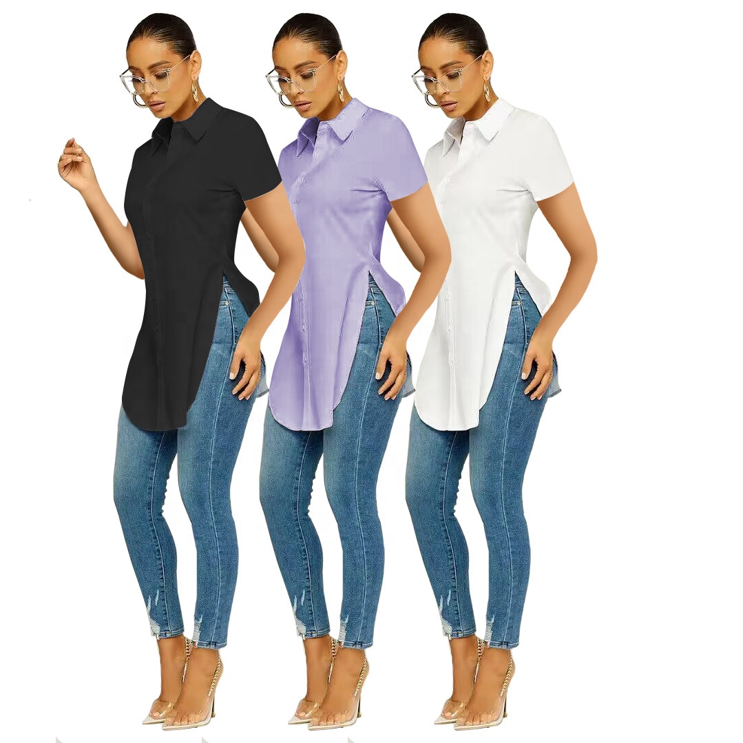 Women Casual Short Sleeve Shirt Fashion Slit Long Shirt Women Clothing 2023