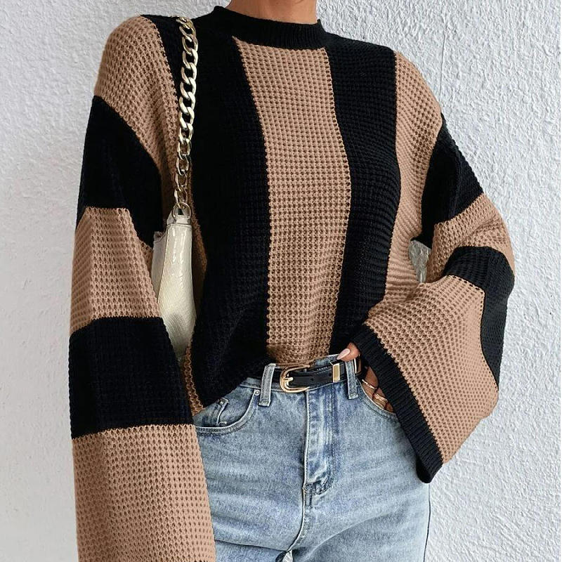 TIXOM Women's Autumn Season Casual Sweater Top With Front Logo Breathable Knitted Long Sleeves And Wide Stripes