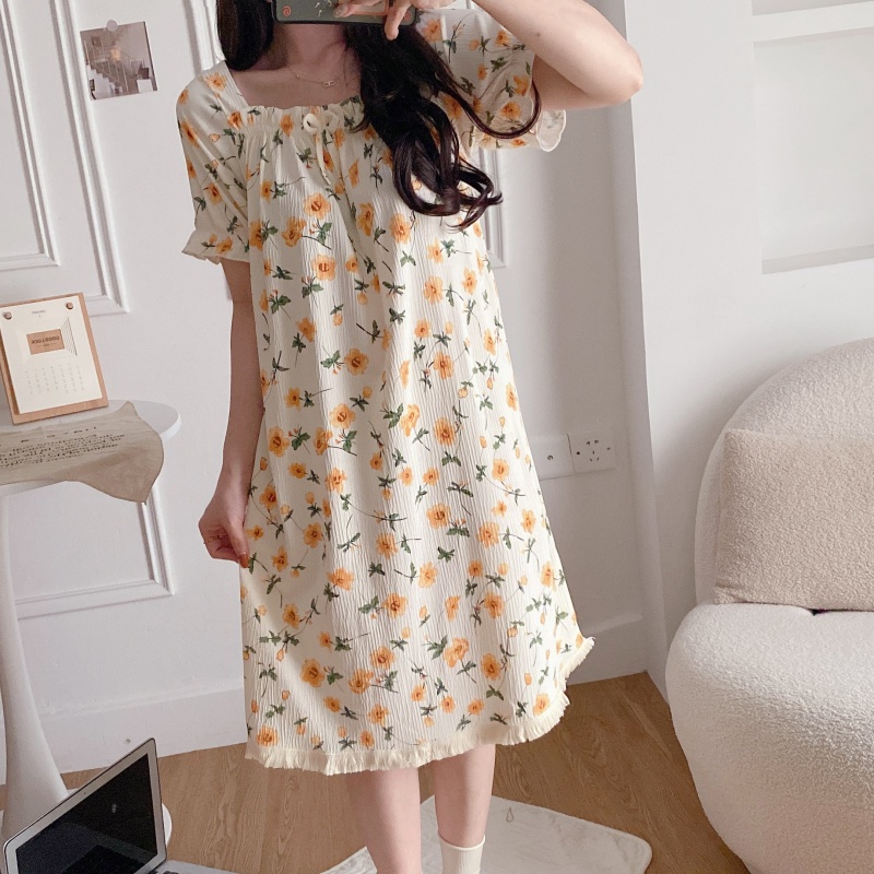 Women's Summer Casual Short Sleeve Lace Night Dress Pajamas Cartoon Printed Loungewear Sleepwear Wholesale