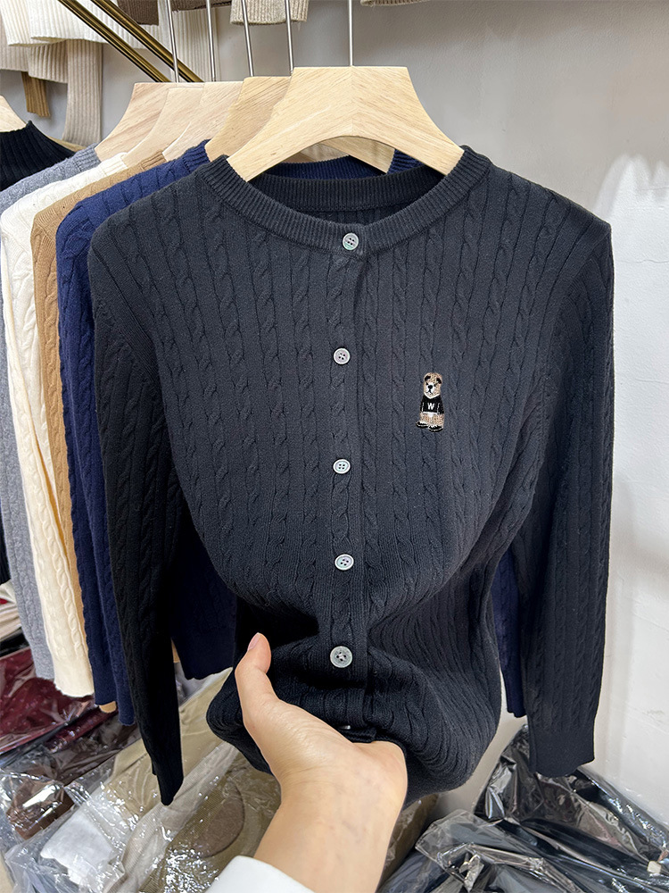 Solid Color Round Neck Long Sleeved Sweater Knitted Jacket Top for Women's New Item, Embroidered with Teddy Bear Design