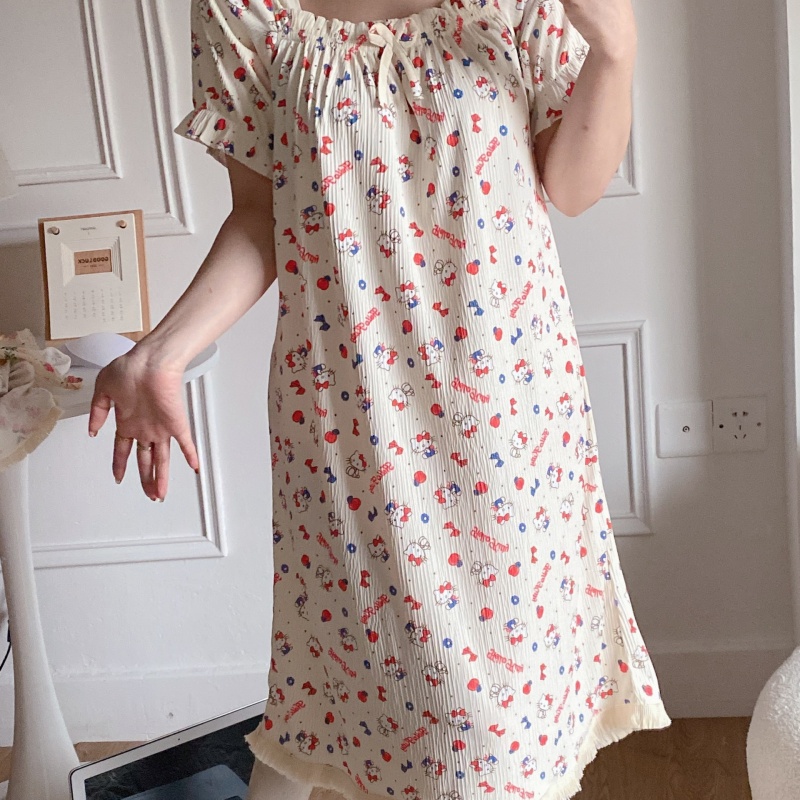 Women's Summer Casual Short Sleeve Lace Night Dress Pajamas Cartoon Printed Loungewear Sleepwear Wholesale