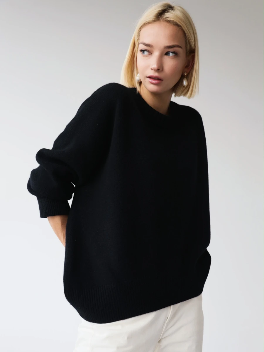 Blubelle Women's O-Neck Knit Sweater Loose Fit Soft Solid Color Cozy Oversized Casual Autumn Winter Plus Size Short Front