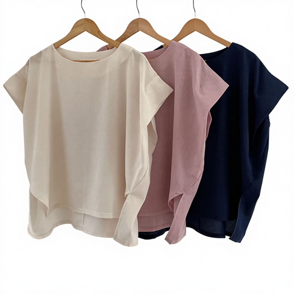 ELEGANT Relaxed Boxy Fit Women's Summer Blouse with Short Sleeve One-Shoulder Plain Dyed Polyester/Cotton Material Made in Korea