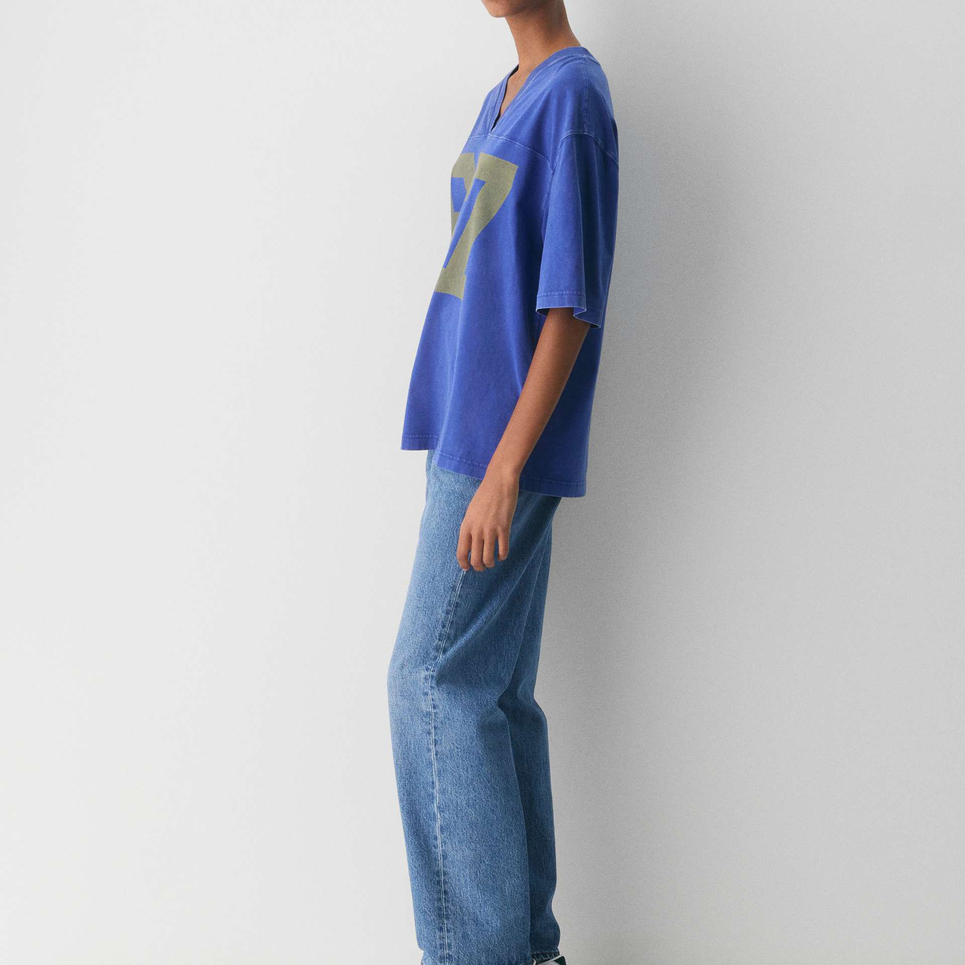 Women's Blue Vintage Acid Wash 100% Cotton Summer Casual Plus Size Knitted T-Shirt Embroidery Breathable &amp; Eco-Friendly V-neck T