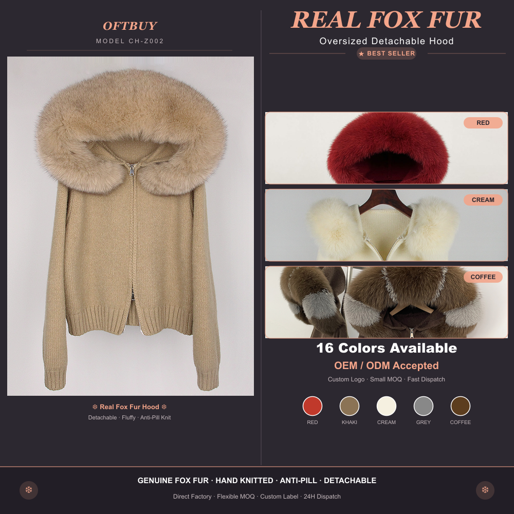 OFTBUY Real Fox Fur Collar Knitted Cardigan Women Detachable Fur Hooded Zipper Sweater Jacket Loose Oversize Winter Coat