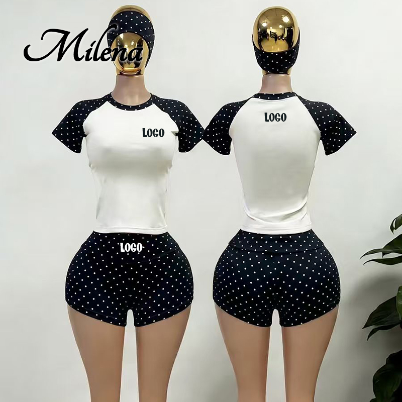 Custom logo Polka Dot Two Piece Set Y2k Women Clothing Cotton Short Sleeve t Shirt with Fold Over Shorts Women's Loungewear Set