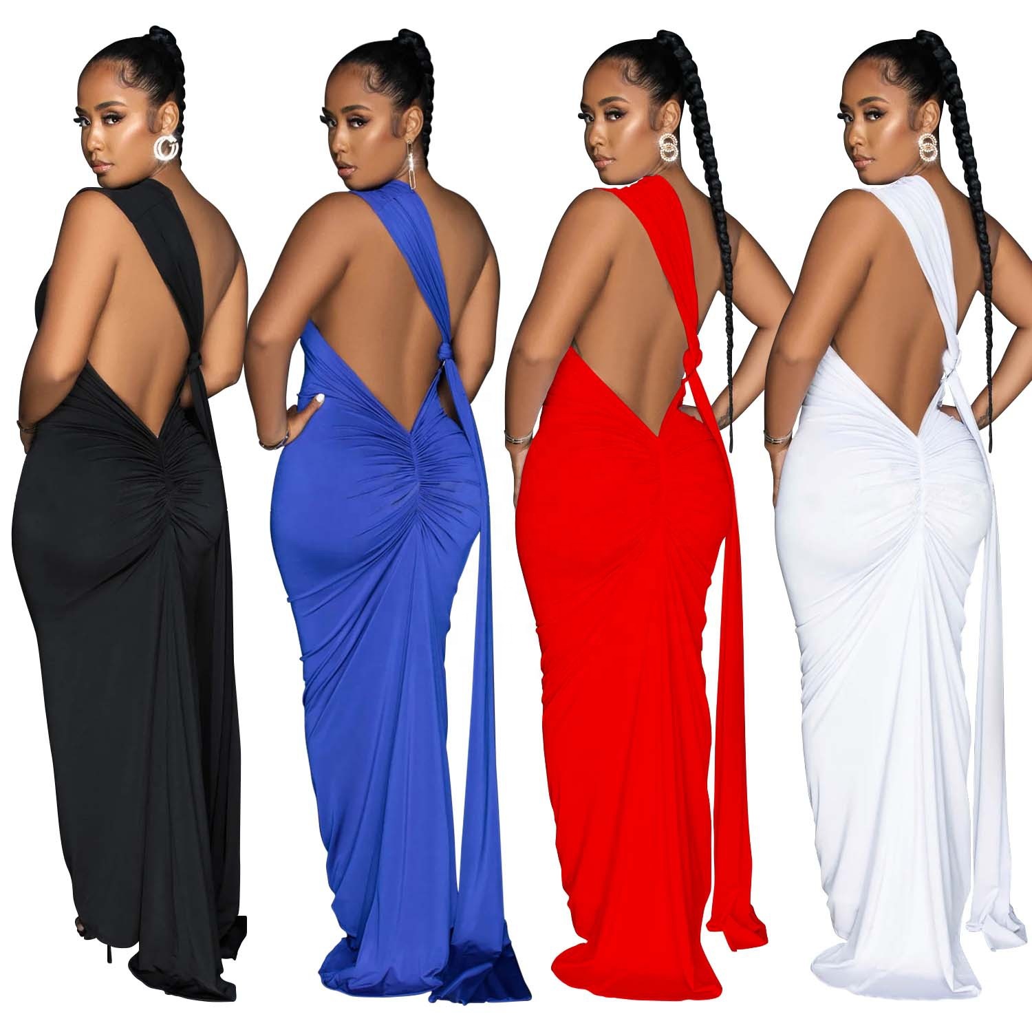 Pure Color Women's Clothing Dress Sexy Backless Maxi Dress Lady Party Evening Dress