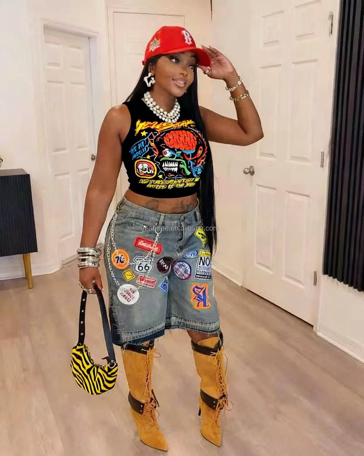 Women Print Tops Sets and Denim Shorts Sets Street Denim Jeans Shorts Women's Sets for digital Print Top & Denim Shorts set