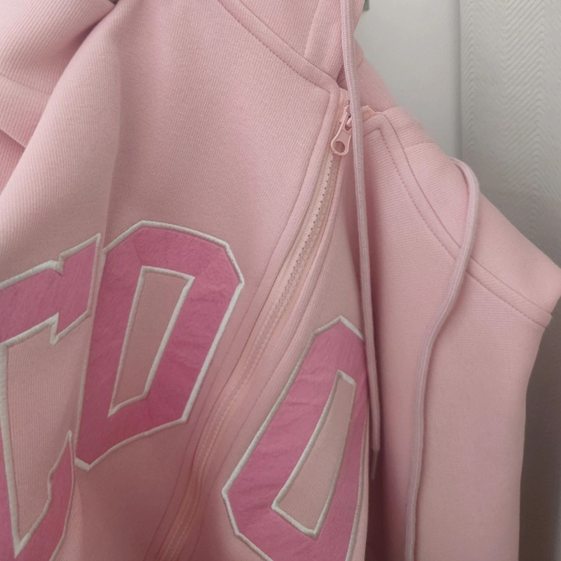 OEM Factory Custom Casual Knitted Spring Pink Embroidery Applique Logo Hoodie 100% Cotton Oversized Zip up Women