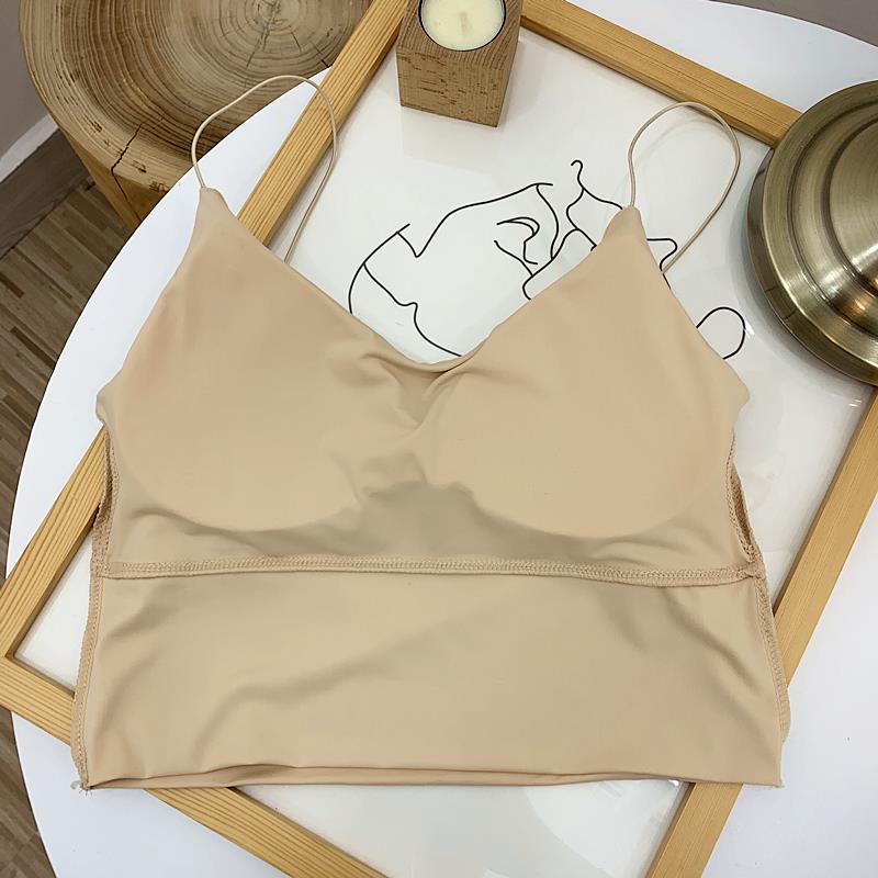 Womens Tops Sleeveless Spaghetti Strap Camisole Double Padded Push up Knitted Vest Breathable Soft Summer Ice Silk Tube Top Bra