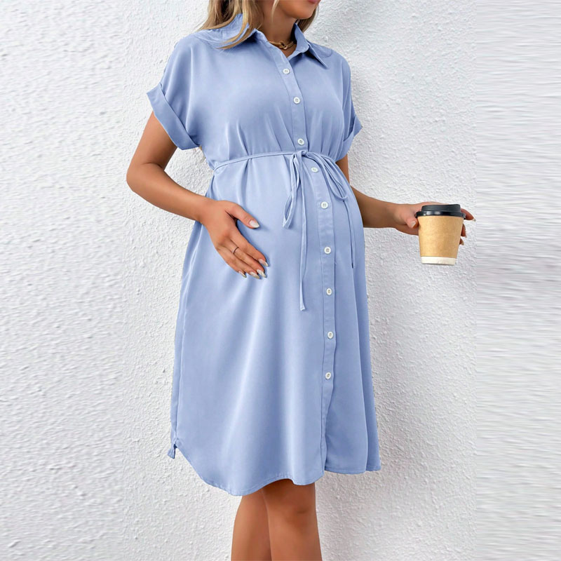 New Maternity Clothes Dresses Summer Short Sleeved Button Casual Maternity Skirt Fashionable Waistband Shirt Maternity Dress