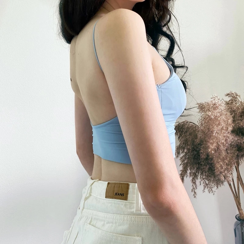 Womens Tops Sleeveless Spaghetti Strap Camisole Double Padded Push up Knitted Vest Breathable Soft Summer Ice Silk Tube Top Bra