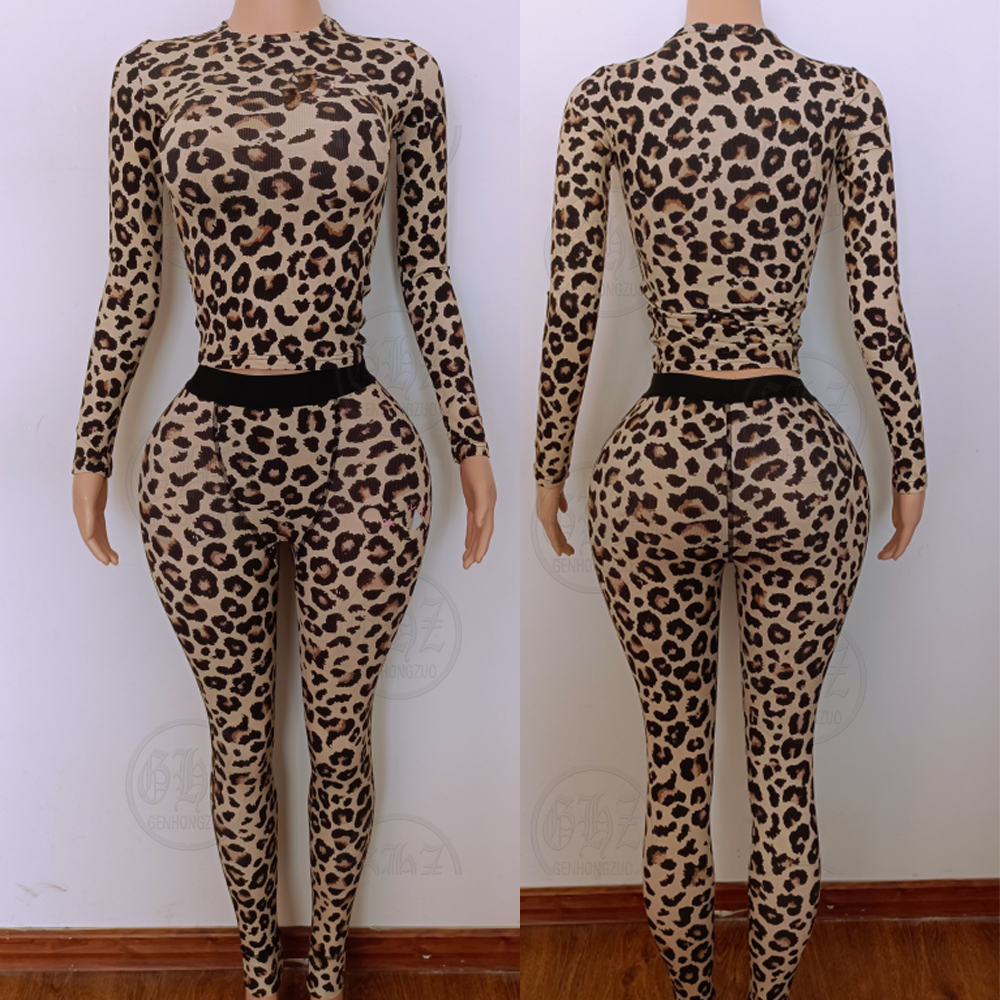 Y2K Women's Custom Logo Cheetah Print Embroidered Short Sleeve Flared Pants Two-Piece Loungewear Set Leopard Clothing