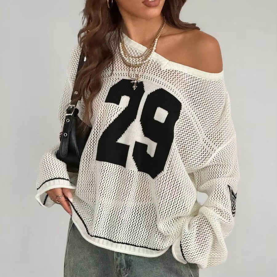 Custom Design Logo Women Knitwear Crochet Shirt Knit Striped Number Printed Oversized Jersey Cover Up Sweater