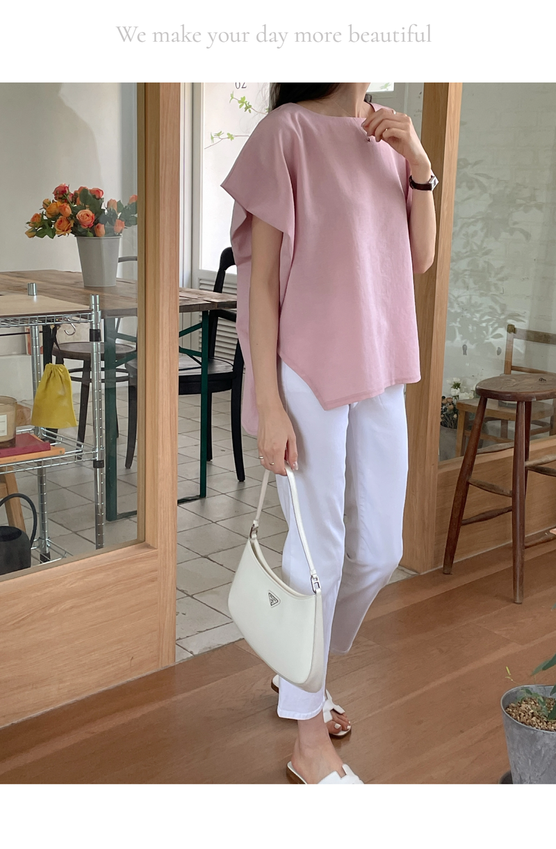 ELEGANT Relaxed Boxy Fit Women's Summer Blouse with Short Sleeve One-Shoulder Plain Dyed Polyester/Cotton Material Made in Korea