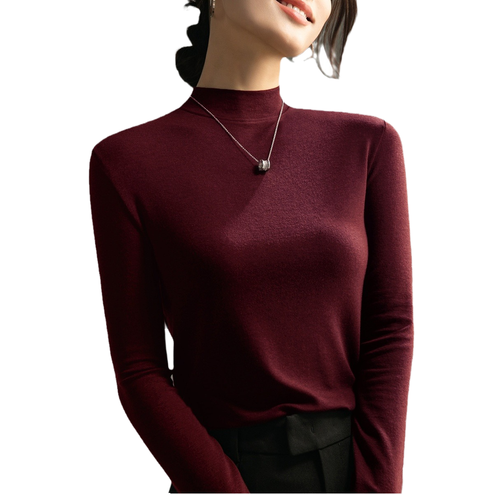Women's Turtleneck Red Ankara T-Shirt Long-Sleeved Casual Slimming Top for Summer Knitted Solid Pattern