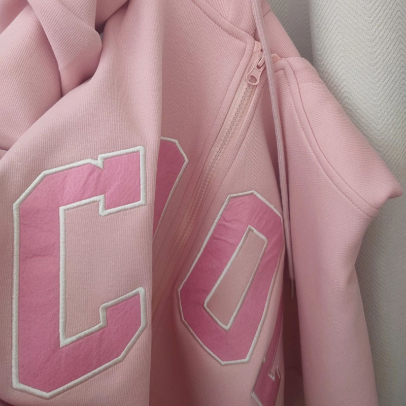 OEM Factory Custom Casual Knitted Spring Pink Embroidery Applique Logo Hoodie 100% Cotton Oversized Zip up Women