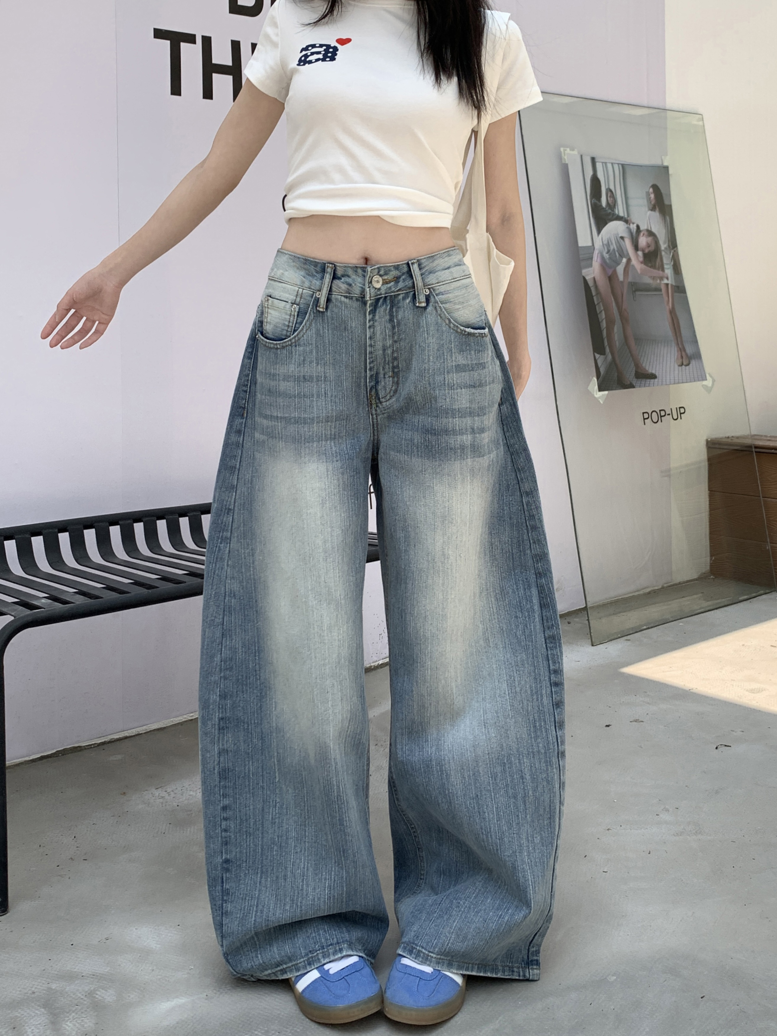 Vintage Nostalgic Machete Pants Women's High Waist All-Season Light Blue Denim Jeans Autumn Washed Loose Trousers with Wide Leg