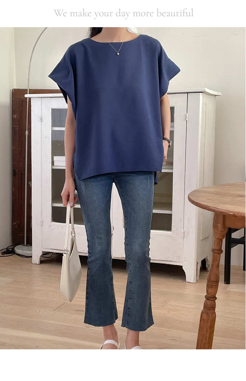 ELEGANT Relaxed Boxy Fit Women's Summer Blouse with Short Sleeve One-Shoulder Plain Dyed Polyester/Cotton Material Made in Korea