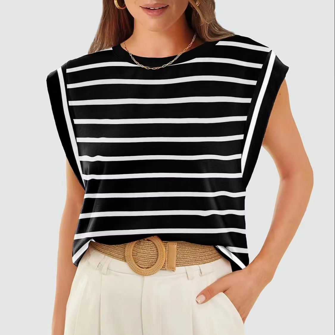 Summer Tops Collection Women's Striped Round Neck Loose ShortSleeve Camisole 2025 Ladies Tops for Women Fashion Women's Clothing