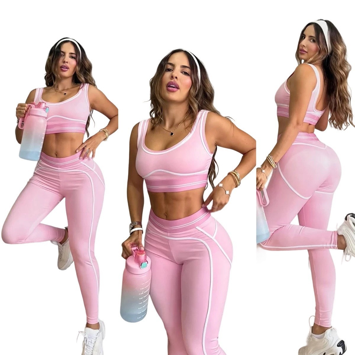 Women's Two-Piece Sports &amp; Leisure Gym Wear Activewear Solid Pattern Workout Sets with Front Logo for Gym Clothes