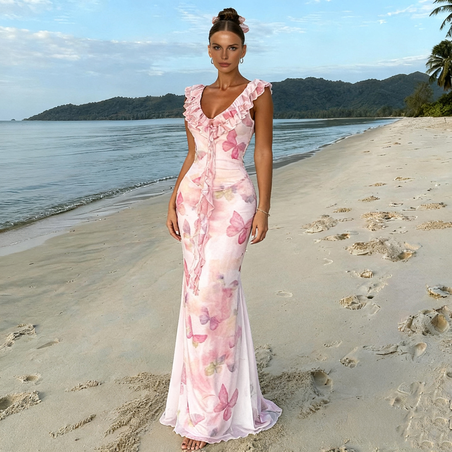 French Style Pink Butterfly Print Floor-Length Woven Natural Waist Lace Ruffle Neck Mesh Women's Summer Vacation Dress