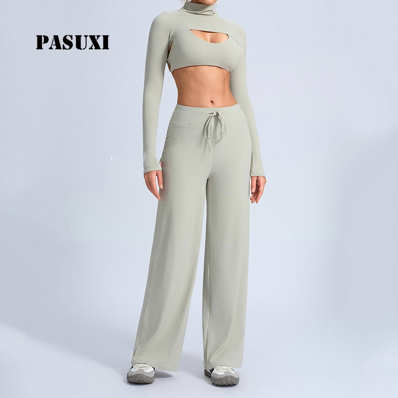 PASUXI Custom Front Logo Women's Long Sleeve Yoga Set Hollow Out Quick Dry Four-Way Stretch 3-Piece Gym Activewear