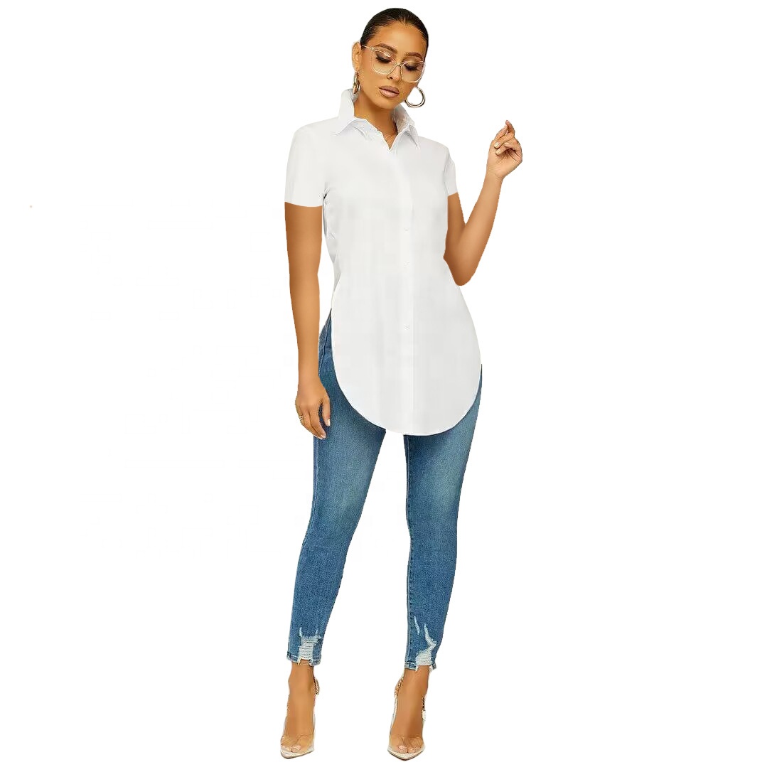 Women Casual Short Sleeve Shirt Fashion Slit Long Shirt Women Clothing 2023