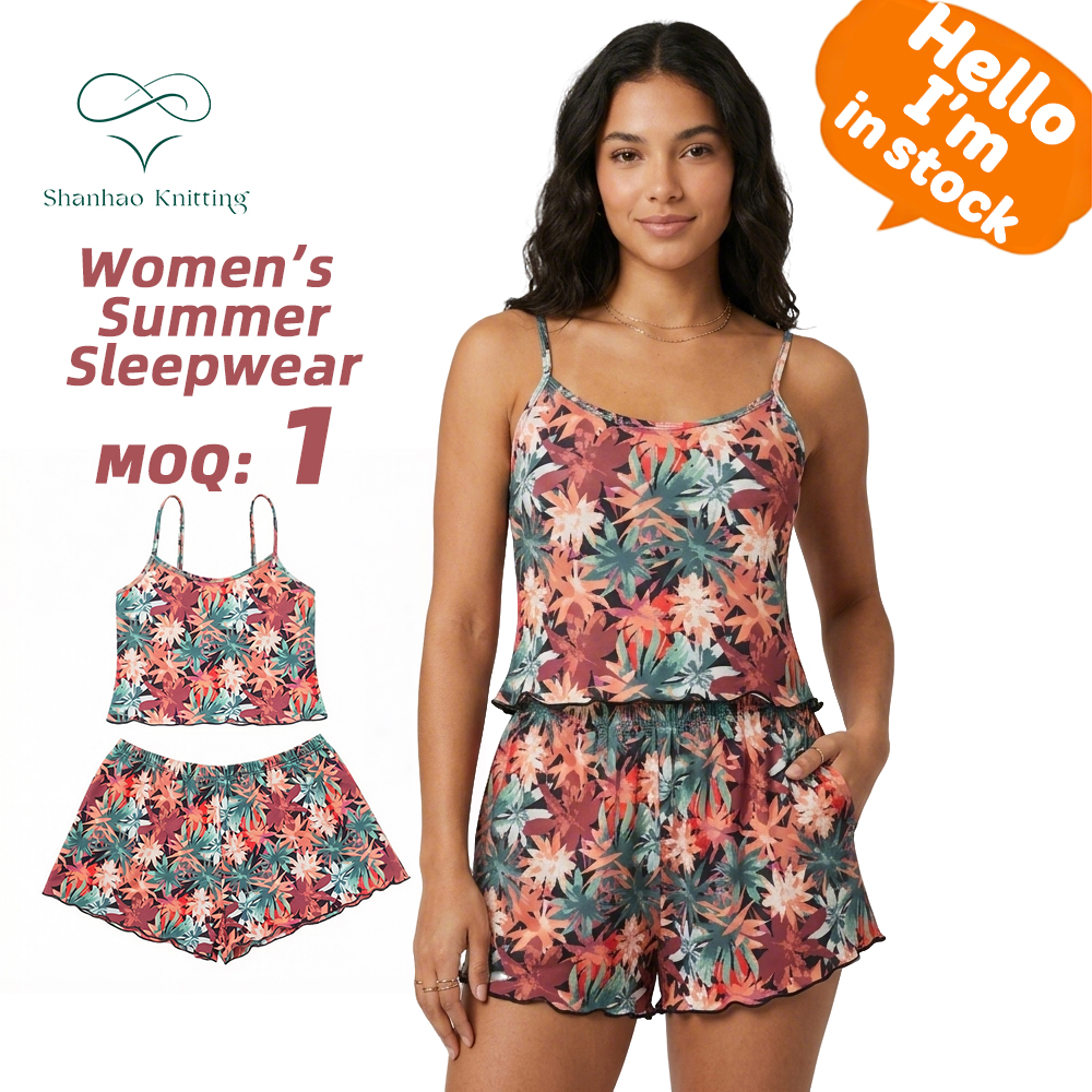 Shanhao Women's Summer Loungewear Set Sleeveless Cami Top Printed High Elasticity Sleepwear Short 2 Pieces Set Pajamas Nightwear
