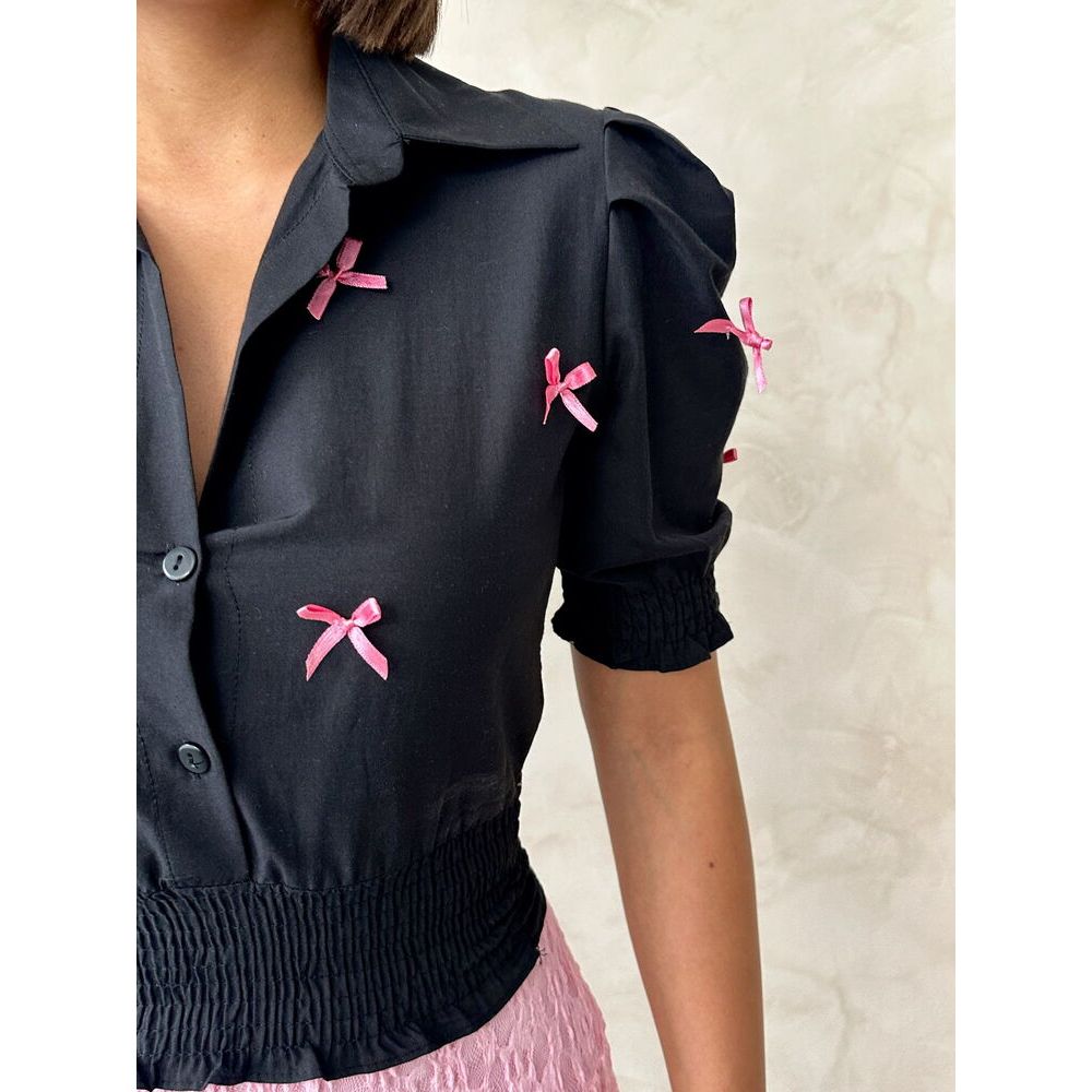 TOPSHOW Women's Blouses &amp; Shirts with Buttoned Trim and Sleeve Ends BLACK Wholesale