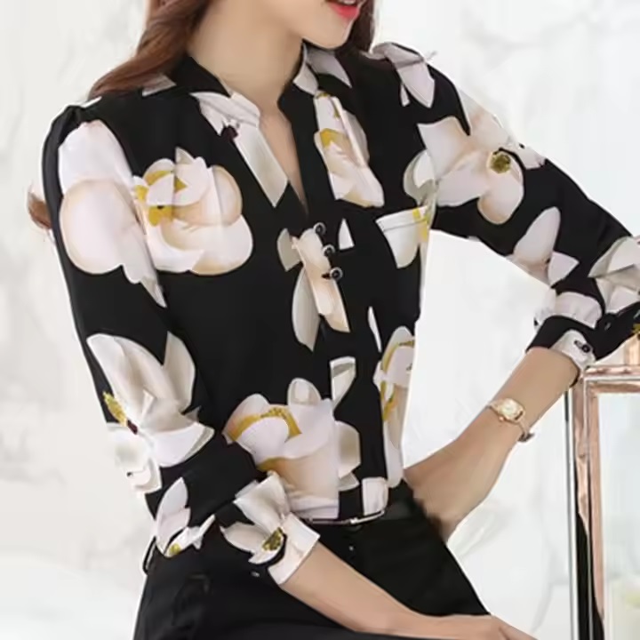 Elegant Plus Size Blouse New Fashion Women's Long Sleeve Chiffon Shirt Women Blouse Top Printed Shirts