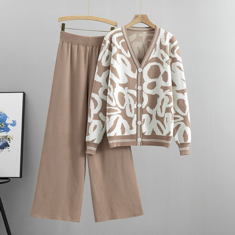 New Korean Leopard Viscose Knitted Cardigan Sweater Loose Wide Leg Pants Set Women's Fashion Two-piece Set