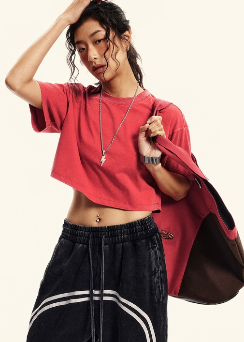 Vintage Summer Sorona Knitted Loose Fit Women's Round-Neck Pullover Fitness Blouse Short-Sleeved Washed T-Shirt