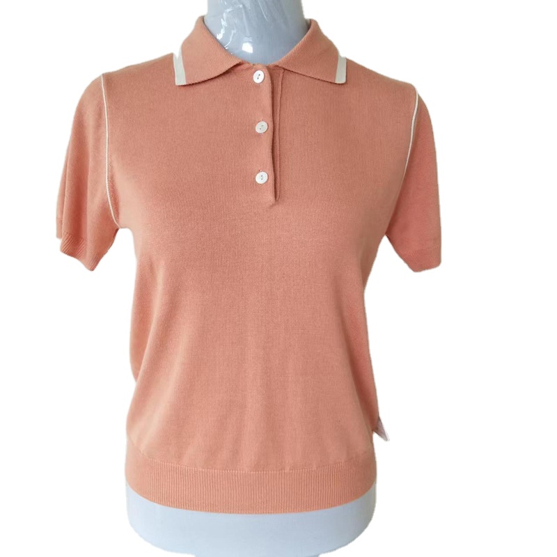 Women's Casual Cotton Cashmere 16GG Knitted Polo T-Shirt Summer Breathable Quick Dry Anti-Pilling Feature Patchwork Shirts.