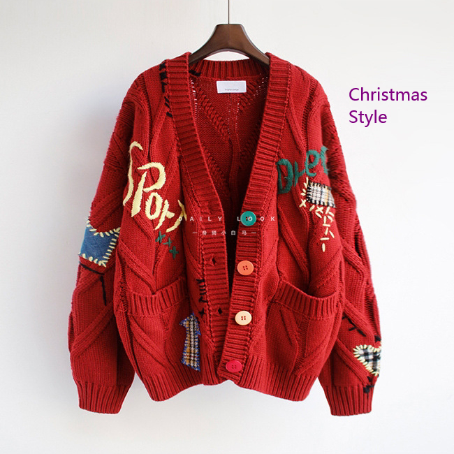 2022 Oversized Embroidery Jacquard Wool Viscose Cardigan Women's Casual Plus Size Knitted Front Button V-neck Thick Anti-Wrinkle