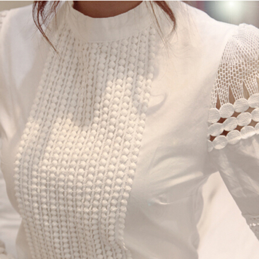 TKAN729 Custom Women's Slim Long-Sleeve Blouses with Lace Hook Flower Hollow White Shirt Decorated Sequins Embroidery Feathers