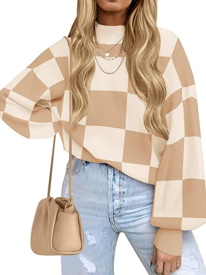 Women's 2026 Fall Fashion Turtleneck Long Sleeve Striped Ribbed Knit Loose Pullover Sweater Tops