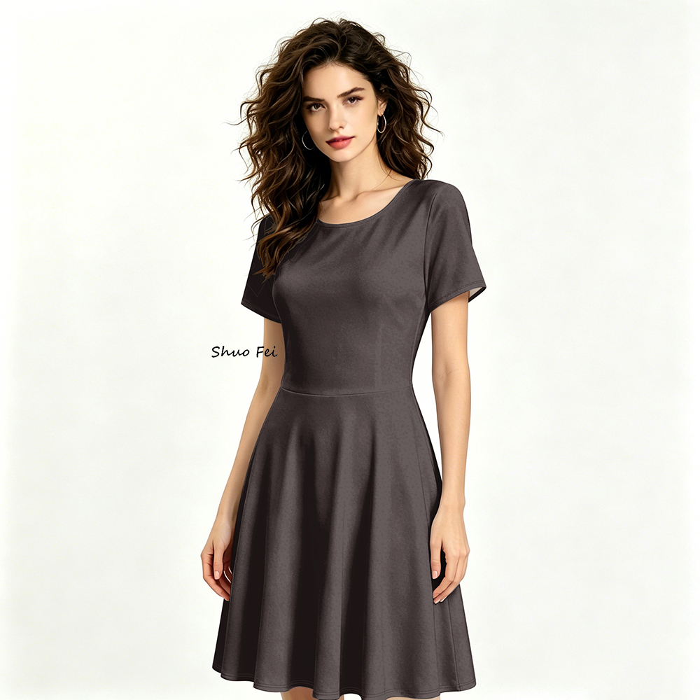 Women's Elegant Solid Plain Color Summer Dress 230g Thick Milk Fiber Fabric 8 Colors Available Casual Short Sleeve Flare Dress