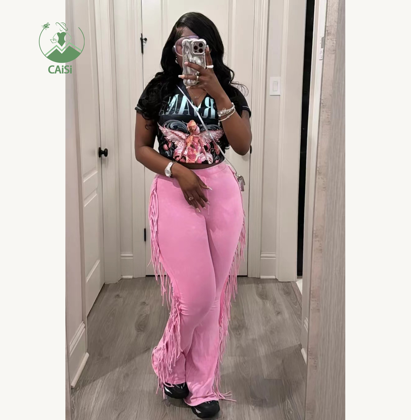 Women's Tassel Pants Trousers Acid Wash Street Stacked Sweatpants Soild Fringe Stretch Flare Cargo Pants Fall Clothes for Women