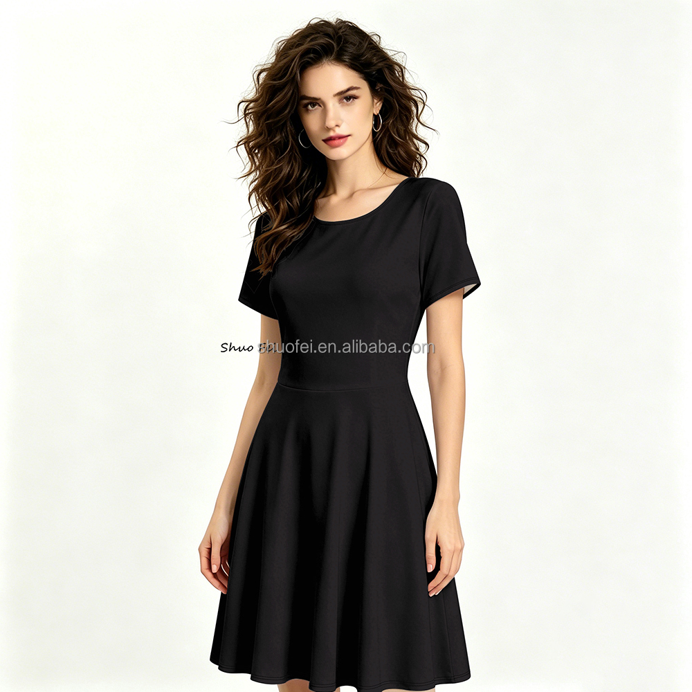 Women's Elegant Solid Plain Color Summer Dress 230g Thick Milk Fiber Fabric 8 Colors Available Casual Short Sleeve Flare Dress