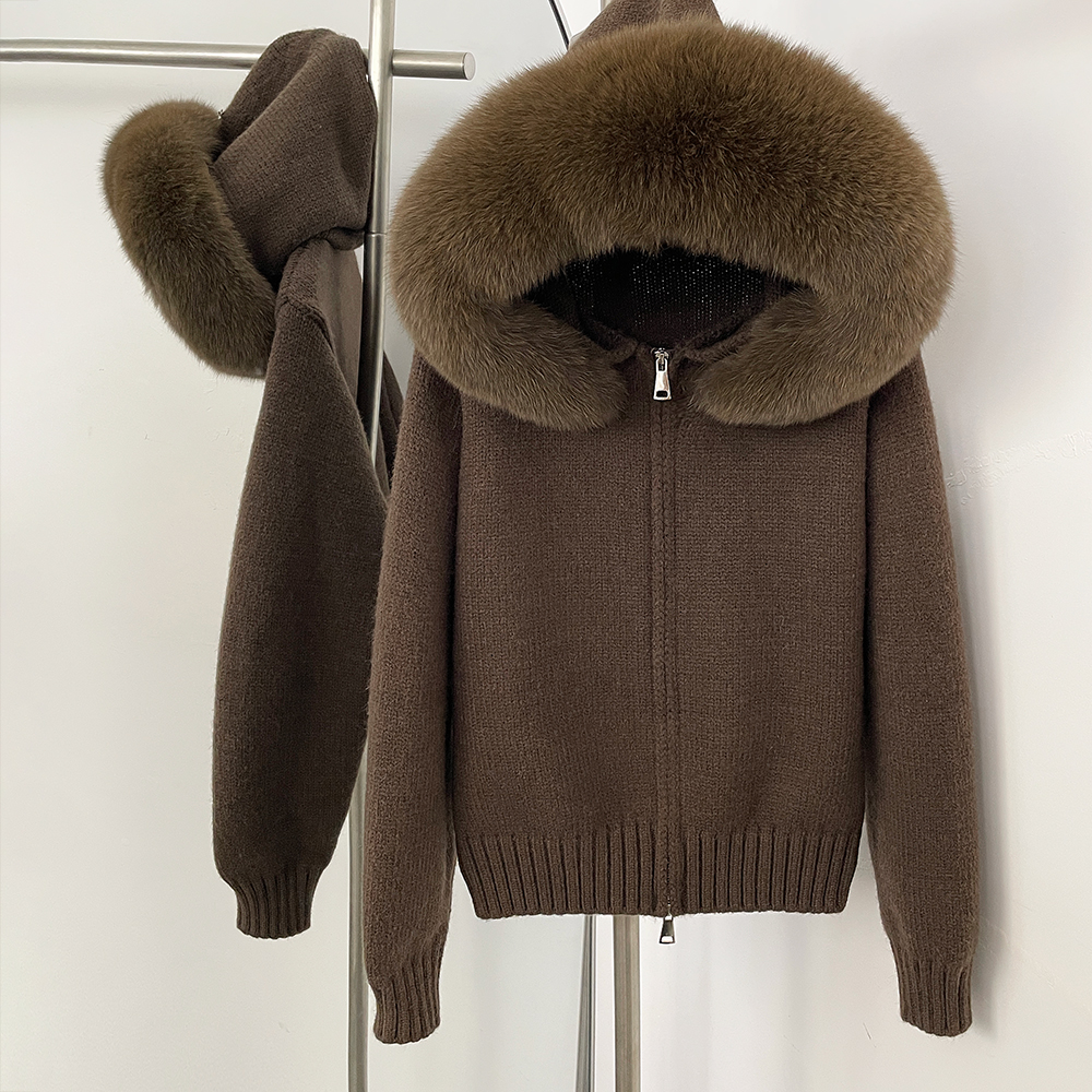 OFTBUY Real Fox Fur Collar Knitted Cardigan Women Detachable Fur Hooded Zipper Sweater Jacket Loose Oversize Winter Coat