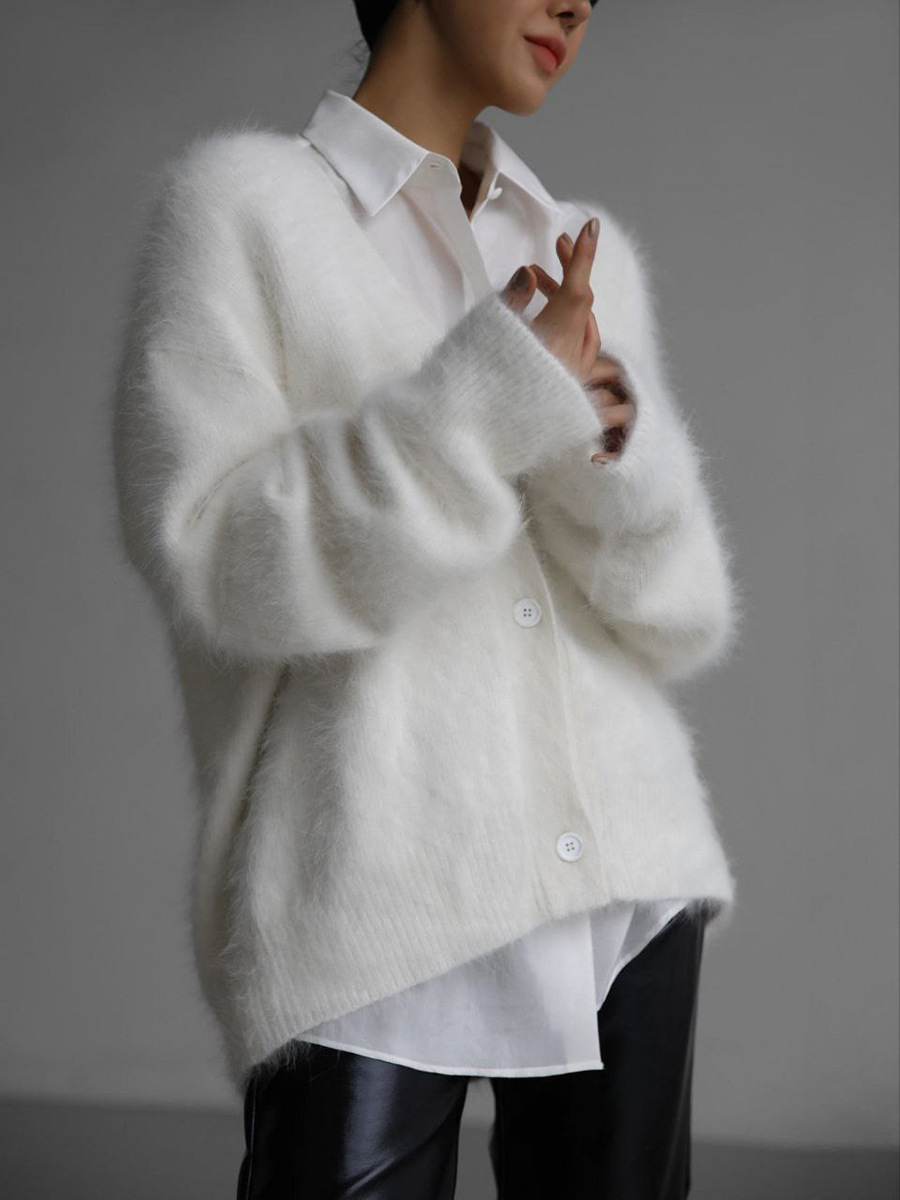 Women's New Casual Style V-Neck Cardigan Sweater With Button Front Logo Fuzzy Knitted Loose Fit