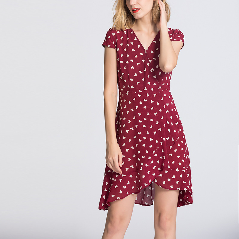 100% Silk Womens Dresses V Neck Printed Sexy Dress Short Sleeve Beach Summer Dress