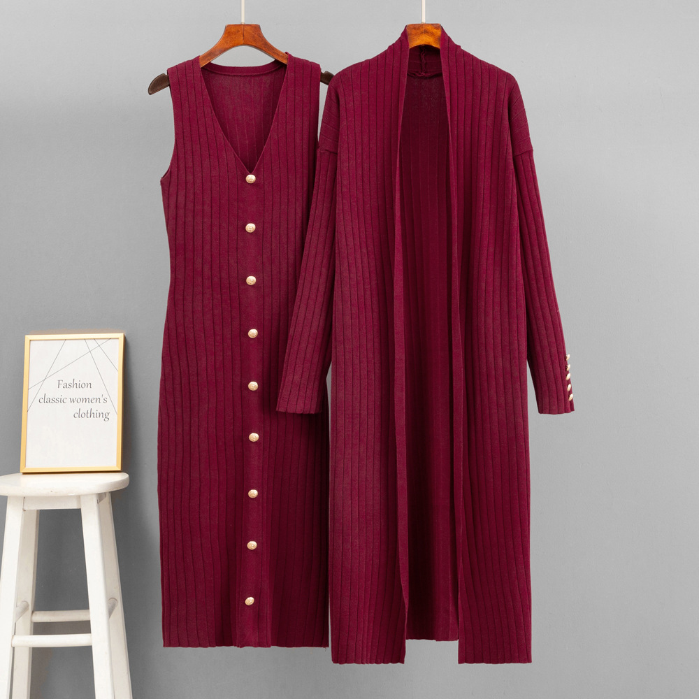 Ladies Suit Knitted Twinset V Neck Sleeveless Midi Dress Long Sleeve Cardigan Women's Clothing