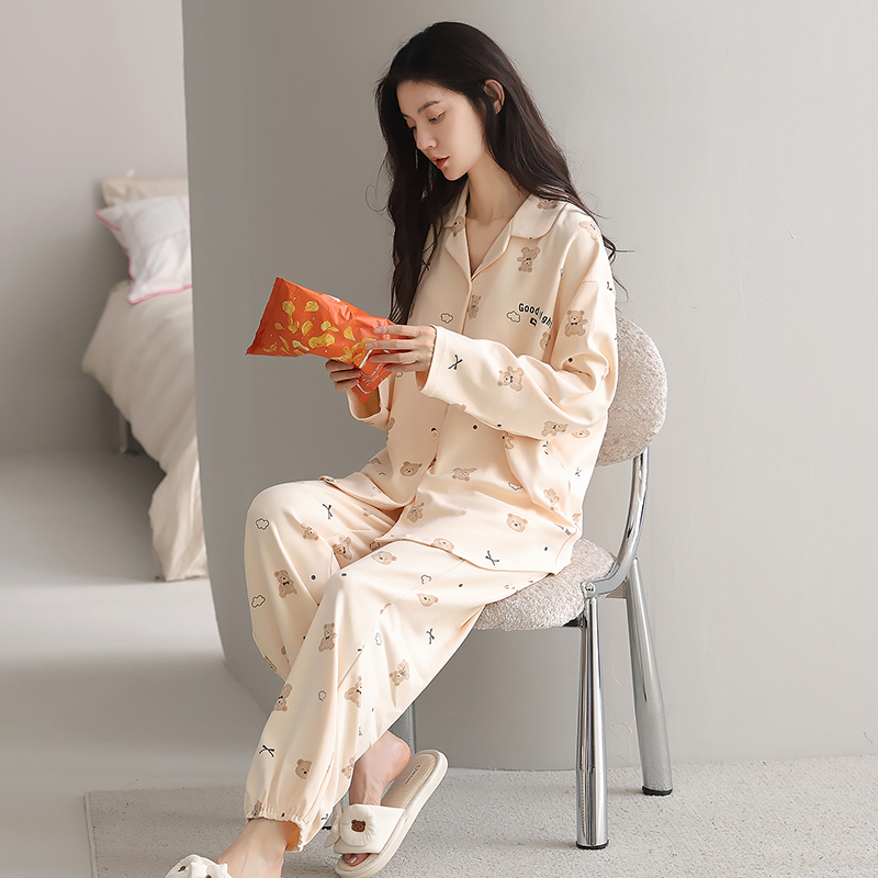 Cotton Women's Breathable Thermal Luxury Elegant Soft Sleepwear Spring Autumn Long Sleeve Pocketed Plus Size Casual Pajamas