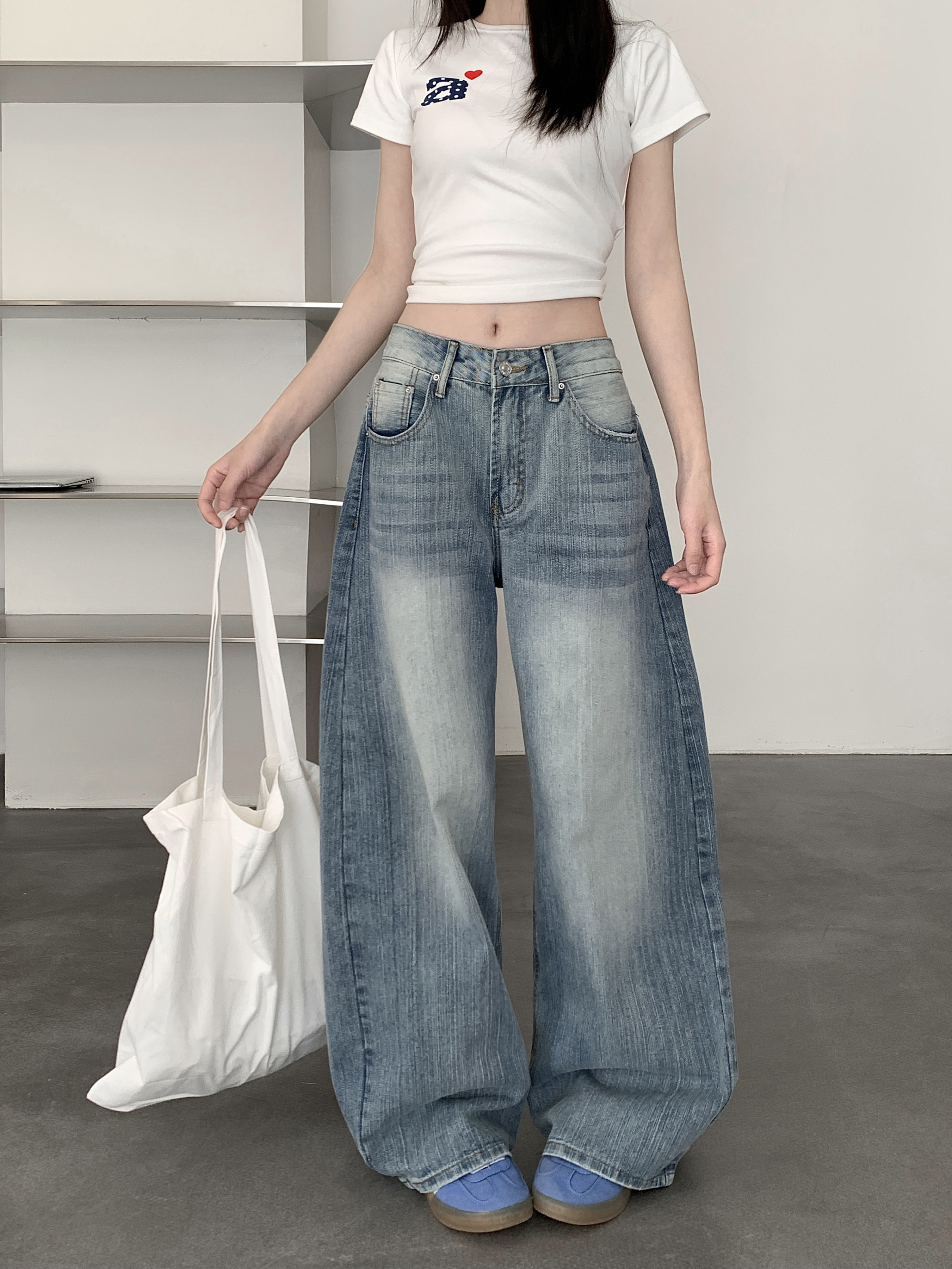 Vintage Nostalgic Machete Pants Women's High Waist All-Season Light Blue Denim Jeans Autumn Washed Loose Trousers with Wide Leg