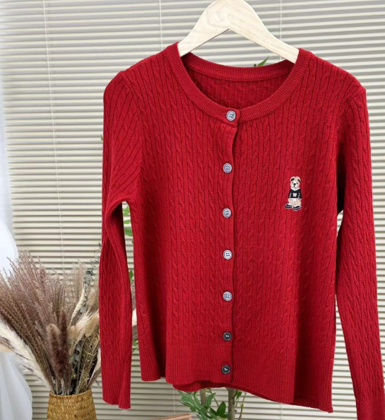 Solid Color Round Neck Long Sleeved Sweater Knitted Jacket Top for Women's New Item, Embroidered with Teddy Bear Design
