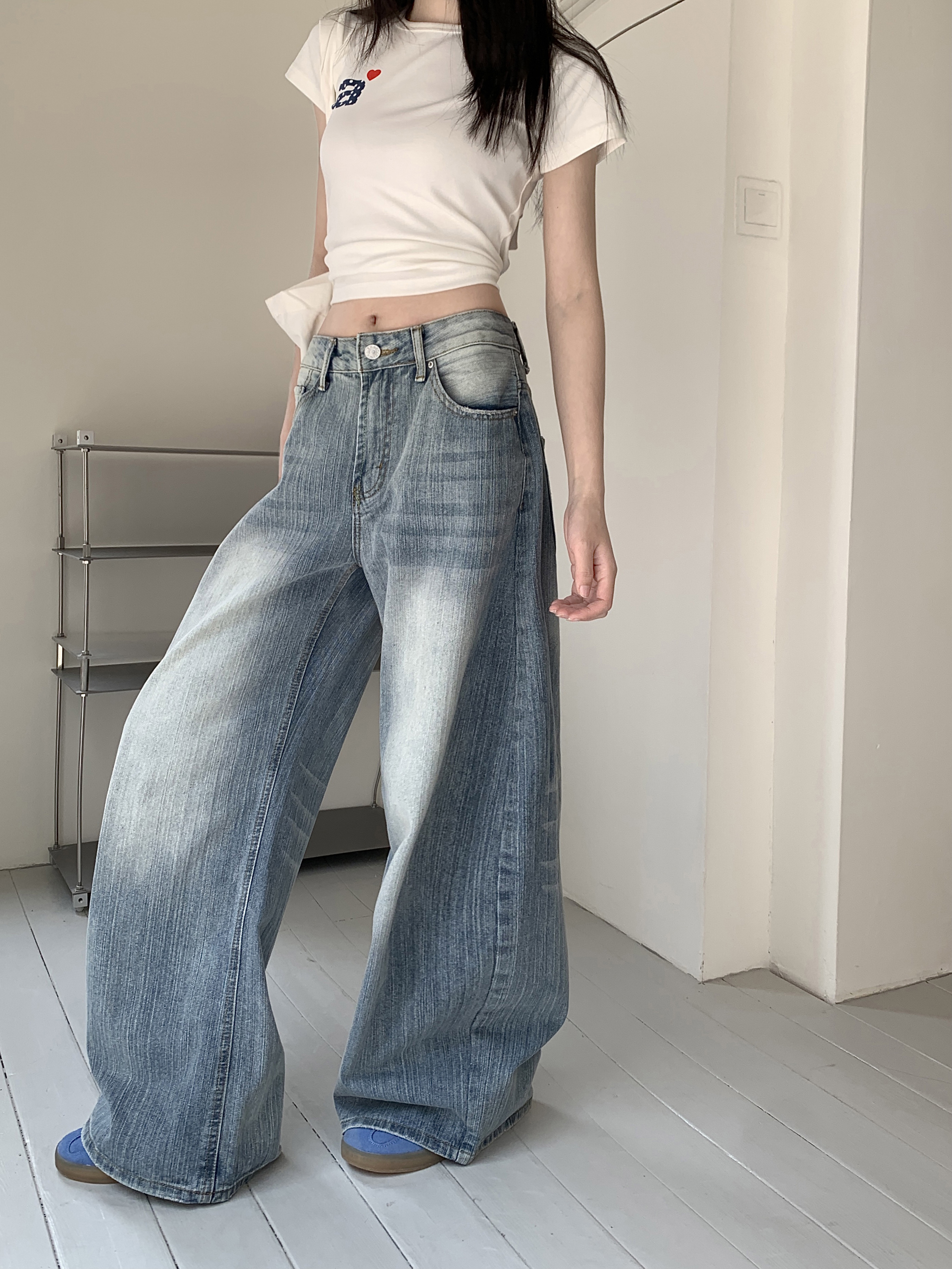 Vintage Nostalgic Machete Pants Women's High Waist All-Season Light Blue Denim Jeans Autumn Washed Loose Trousers with Wide Leg