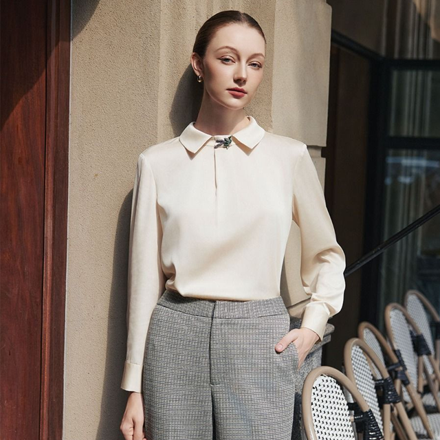 Women's Casual Style Satin Blouse with Turn down Collar Formal style